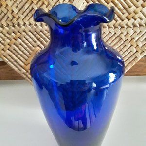 Vintage Cobalt Blue Glass Vase with Ruffled Rim